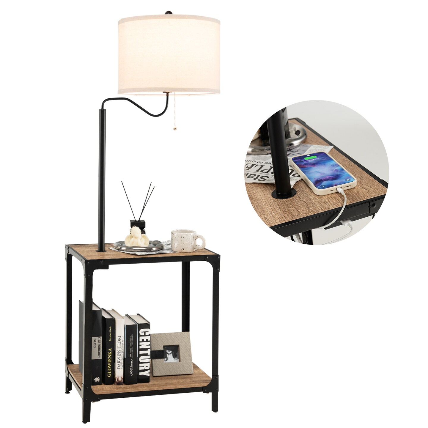 360&#xB0; Rotatable Floor Lamp with End Table and USB Charging Ports