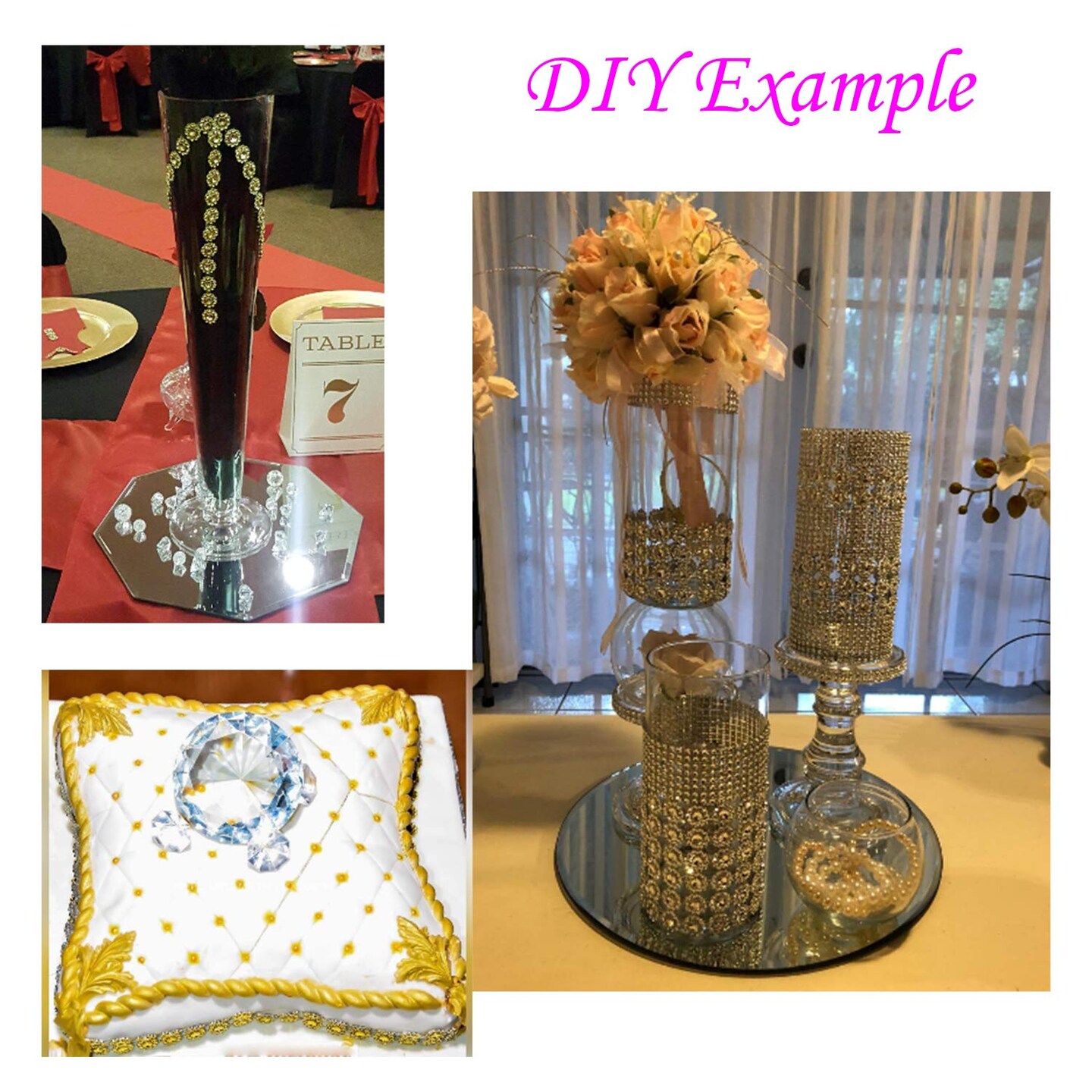 6 Rows  Crafts Faux Diamond Bling Wrap 4&#x22; x 10 Yards Gold Flower Pattern Faux Rhinestone Crystal Mesh Ribbon Roll for Wedding, Party, Centerpiece, Cake, Vase Sparkling Decoration (Gold)