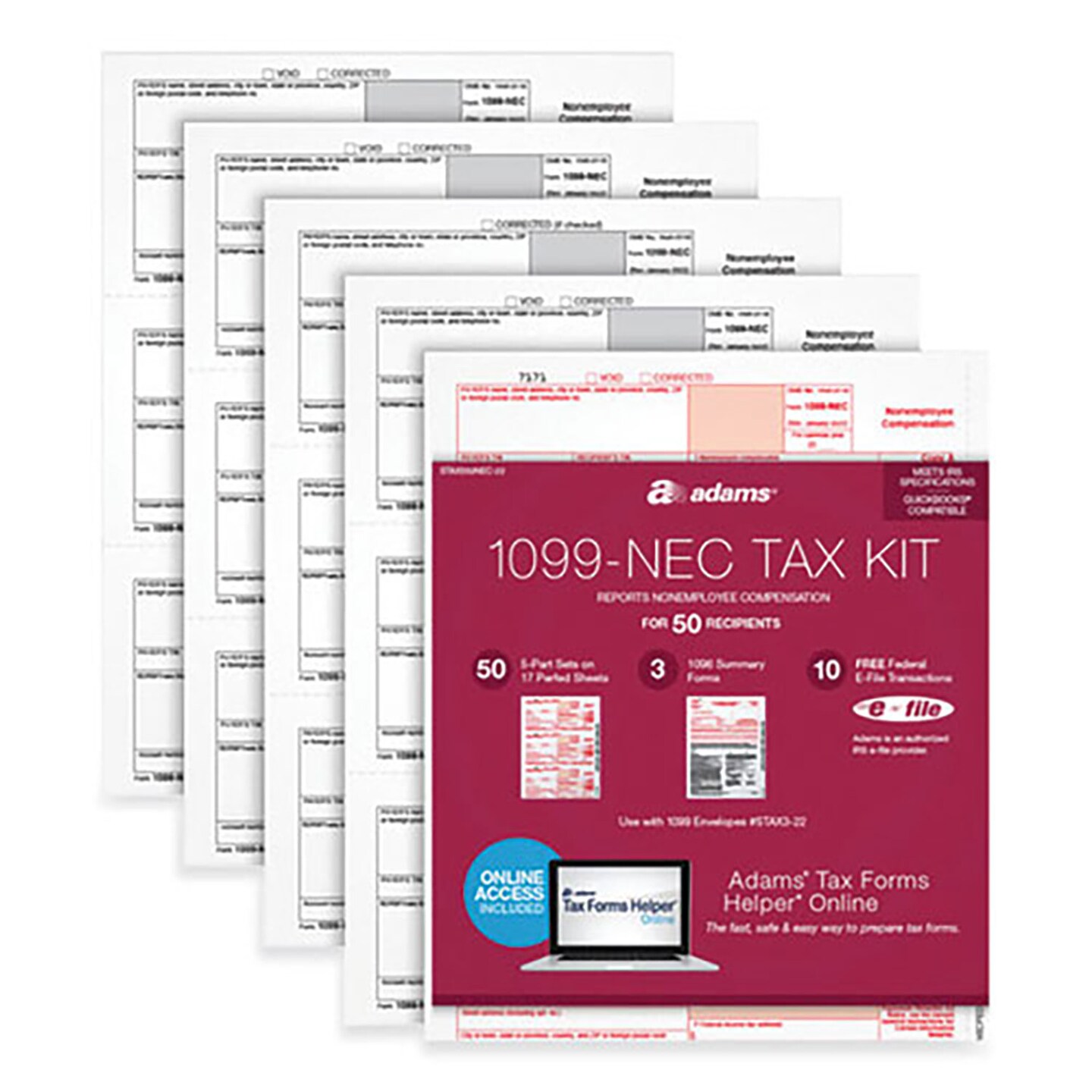 Adams Business Forms 1099-NEC + 1096 Tax Form Bundle, Inkjet/Laser, Five-Part Carbonless, 8.5 x 3.67, 3 Forms/Sheet, 24 Forms Total