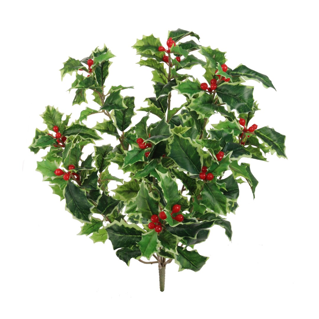 Lifelike Variegated Holly Bush: Artificial Silk Leaves &#x26; Red Berries - 18-Inch, Indoor/Outdoor Versatility