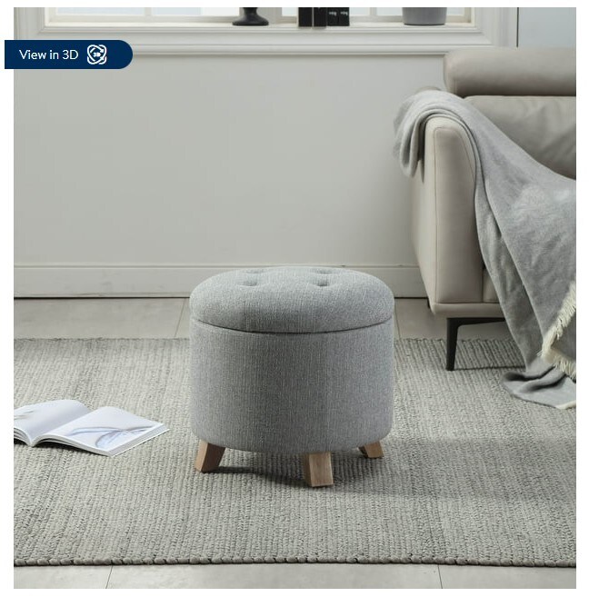 Grey Faux Linen Round Tufted Storage Ottoman