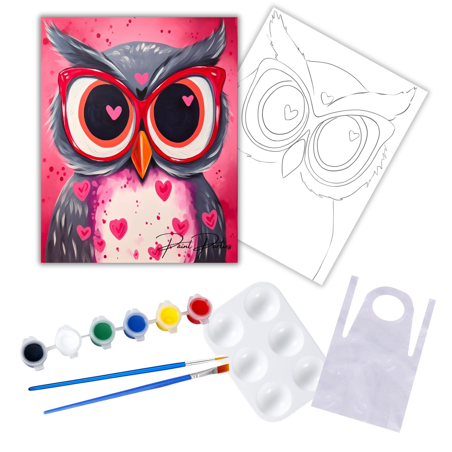 "Valentine's Day Owl" DIY Canvas Art Kit, Adult Beginner, Acrylic Paint Size 11x14 inch