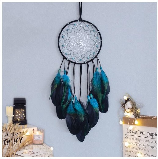 Blue Dream Catchers Handmade, Boho Traditional Circular Net for Bedroom Kids, Home Decoration, Art Ornament Craft Gift