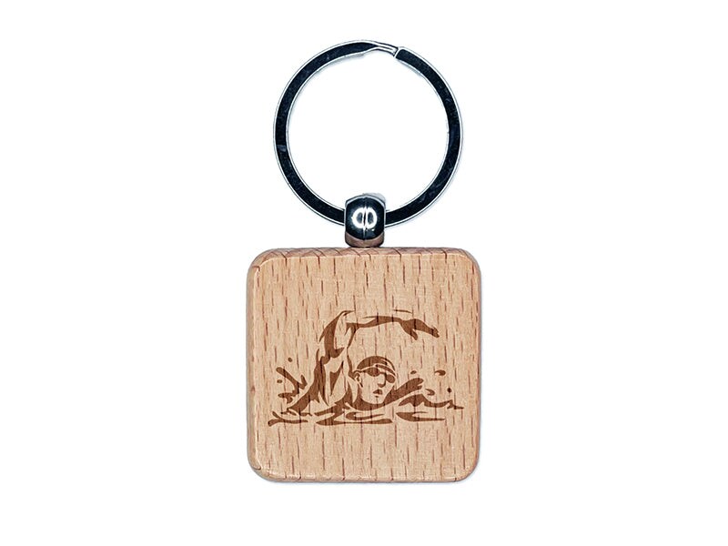 Swimmer Swimming Freestyle Taking Breath Engraved Wood Square Keychain Tag Charm