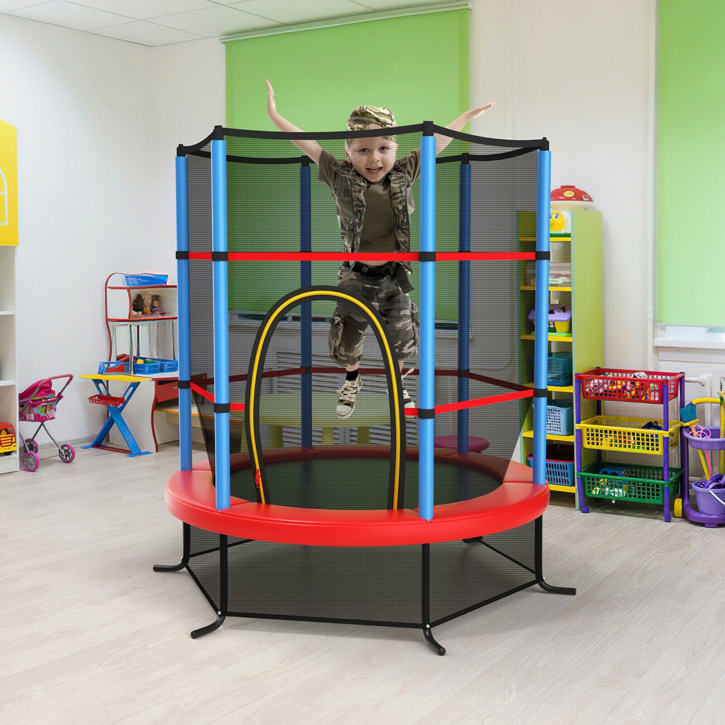65 Inch Kids Recreational Trampoline Bouncing Jumping Mat with Enclosure Net