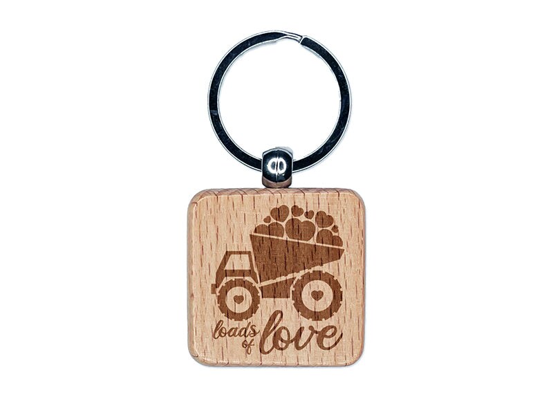 Loads of Love Construction Truck Valentine&#x27;s Day Engraved Wood Square Keychain Tag Charm