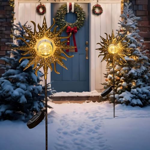 1 Pack Sun Solar Lights Garden Outdoor Waterproof Metal Decorative Stakes for Patio Yard Walkway LawnPatio Christmas Gifts Valentine&#x27;s Day Gifts