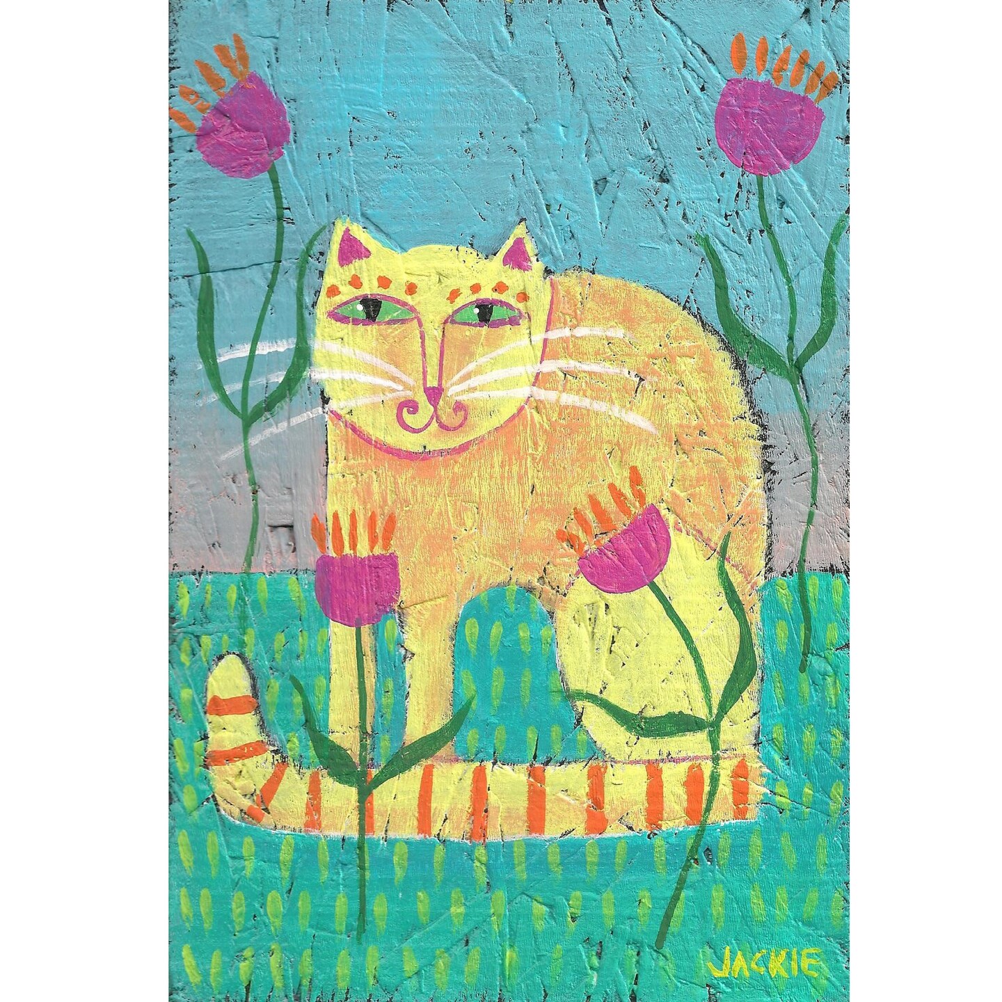 Yellow Cat with Striped Tail Original Abstract Acrylic Painting on OSB