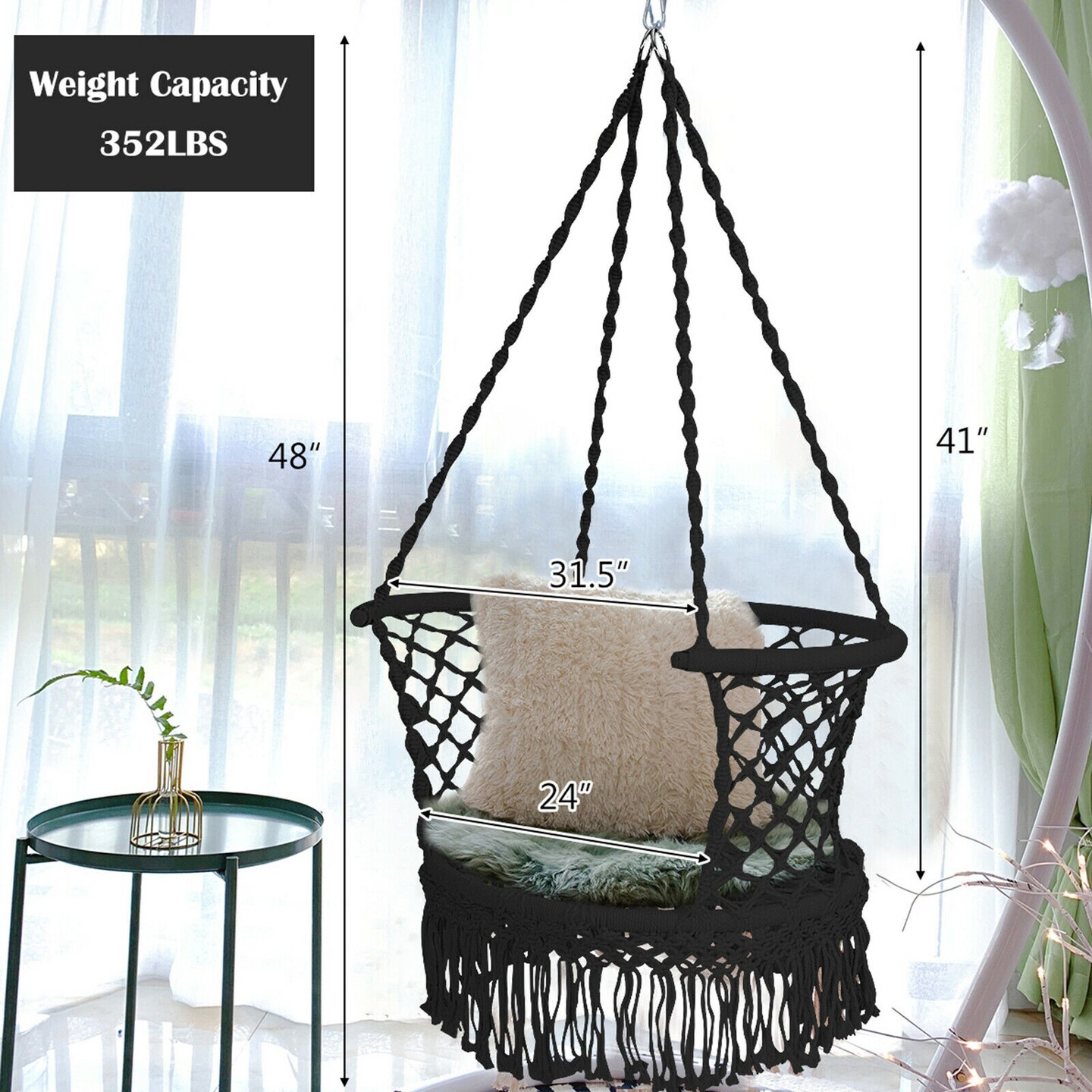 Hanging Hammock Chair Macrame Swing Hand Woven Cotton Backrest