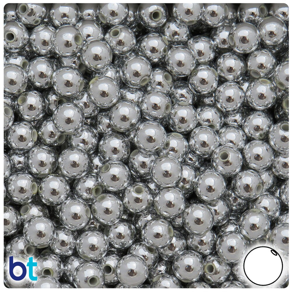 BeadTin Silver Metallic 8mm Round Plastic Craft Beads (150pcs)