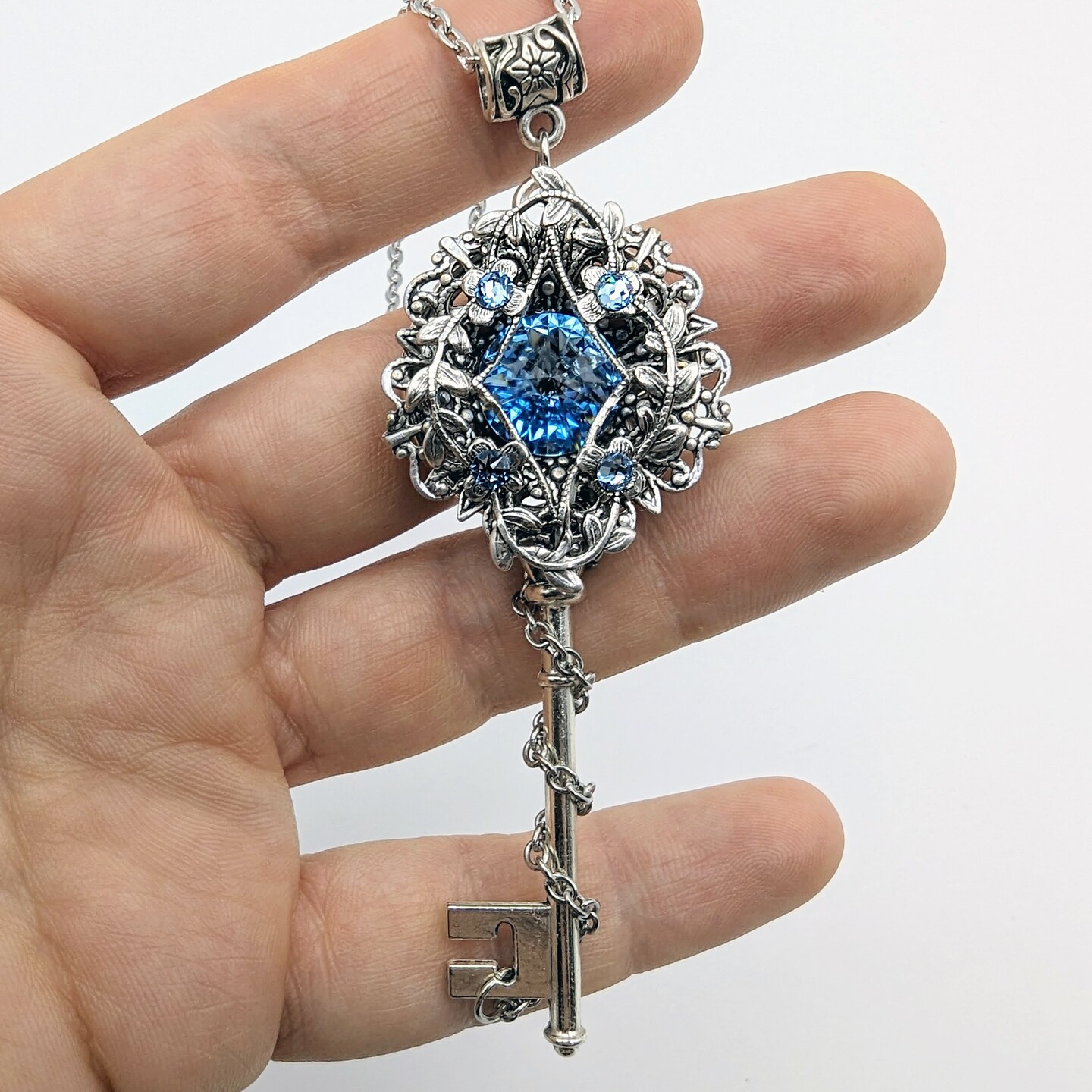 Sterling Silver Aquamarine Elvish Key Necklace made with Swarovski crystals, Elvish Jewelry, Fairy Jewelry, Fantasy Jewelry, Key Jewelry