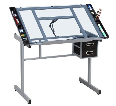 Adjustable Glass Drafting Drafting Study Table for Diamond/Versatile Art Craft Station w/ 2 Slide Rolling Wheels and Drawers for Artist Painters Home Office