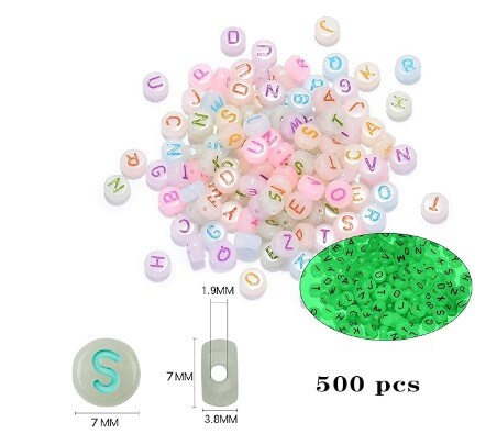 Glow in the Dark Beads, Acrylic Alphabet Beads, 4x7mm Colourful Letter Beads for Bracelet Necklace Jewellery Making Supplies, 500 pieces