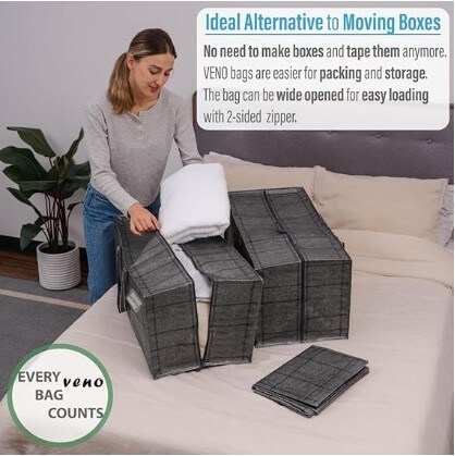 A Pair of Sturdy Extra Large Clear Moving Bags with Backpack Straps, Sturdy Handles and Zippers, Space-Saving Storage Totes that Fold Flat and Serve as an Alternative to Moving Boxes (Set of 2)