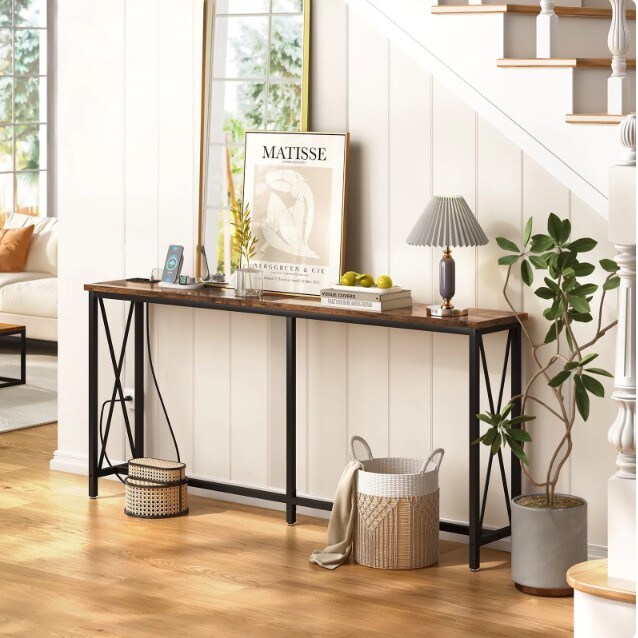 Entryway Table with Metal Frame, X-Shaped Design, 2 Outlets &#x26; 2 USB Ports, Narrow Sofa Table for Living Room, Hallway, Rustic Brown 70 inch Console Table with Power Outlets