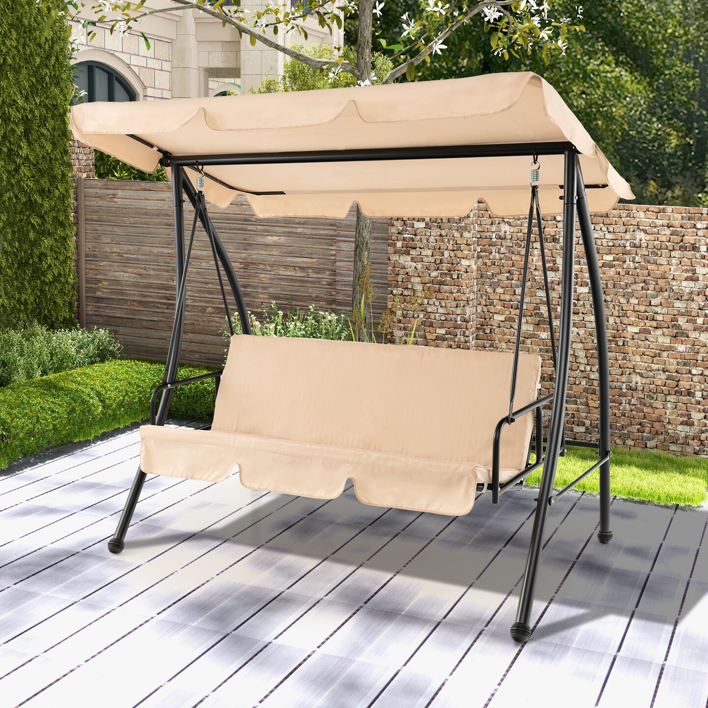 Outdoor Swing Chair 2 Person Converts to Bed with Adjustable Canopy Beige