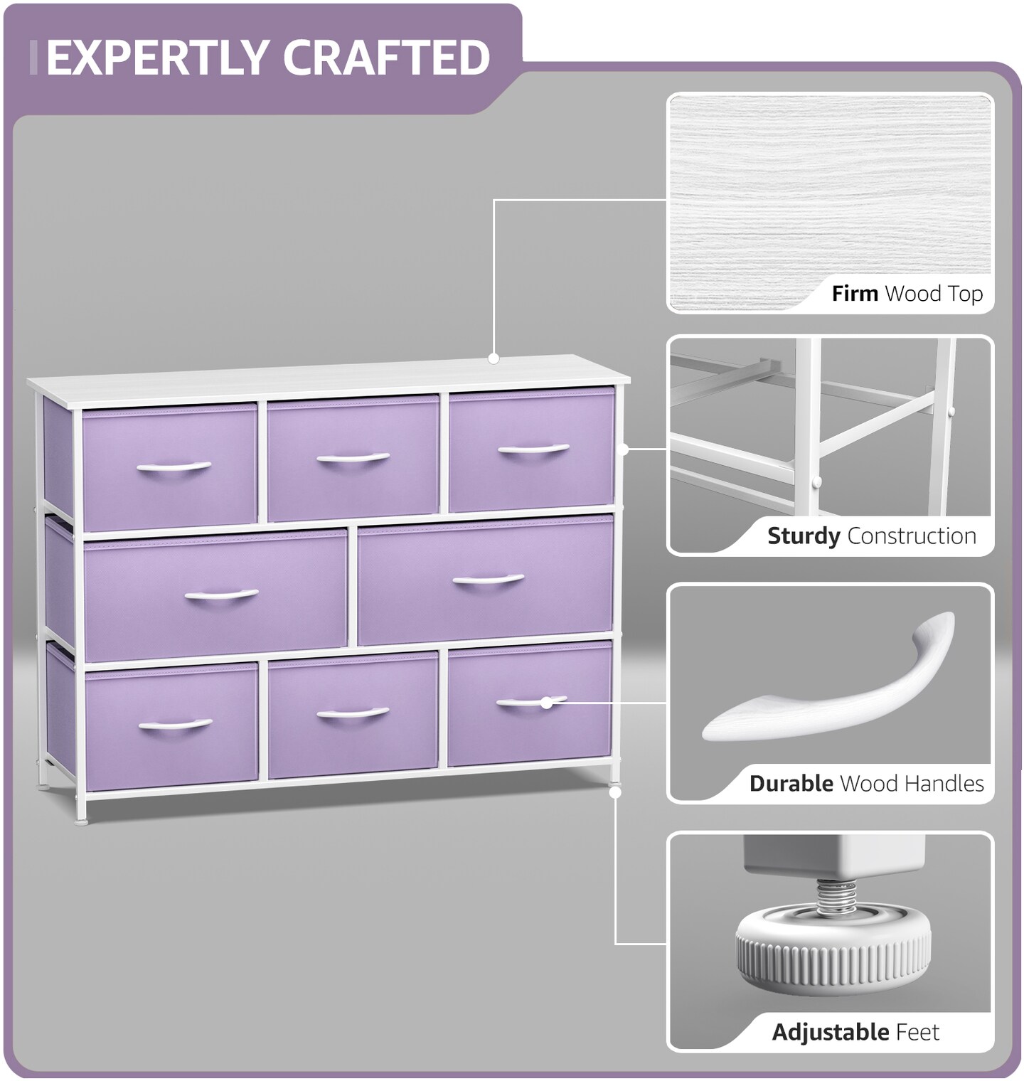 Sorbus Dresser with 8 Drawers - Chest Organizer Unit with Steel Frame Wood Top & Handle Easy Pull Fabric Bins for Clothes - Wide Storage Furniture for Bedroom, Hallway, Living Room, Nursery & Closet