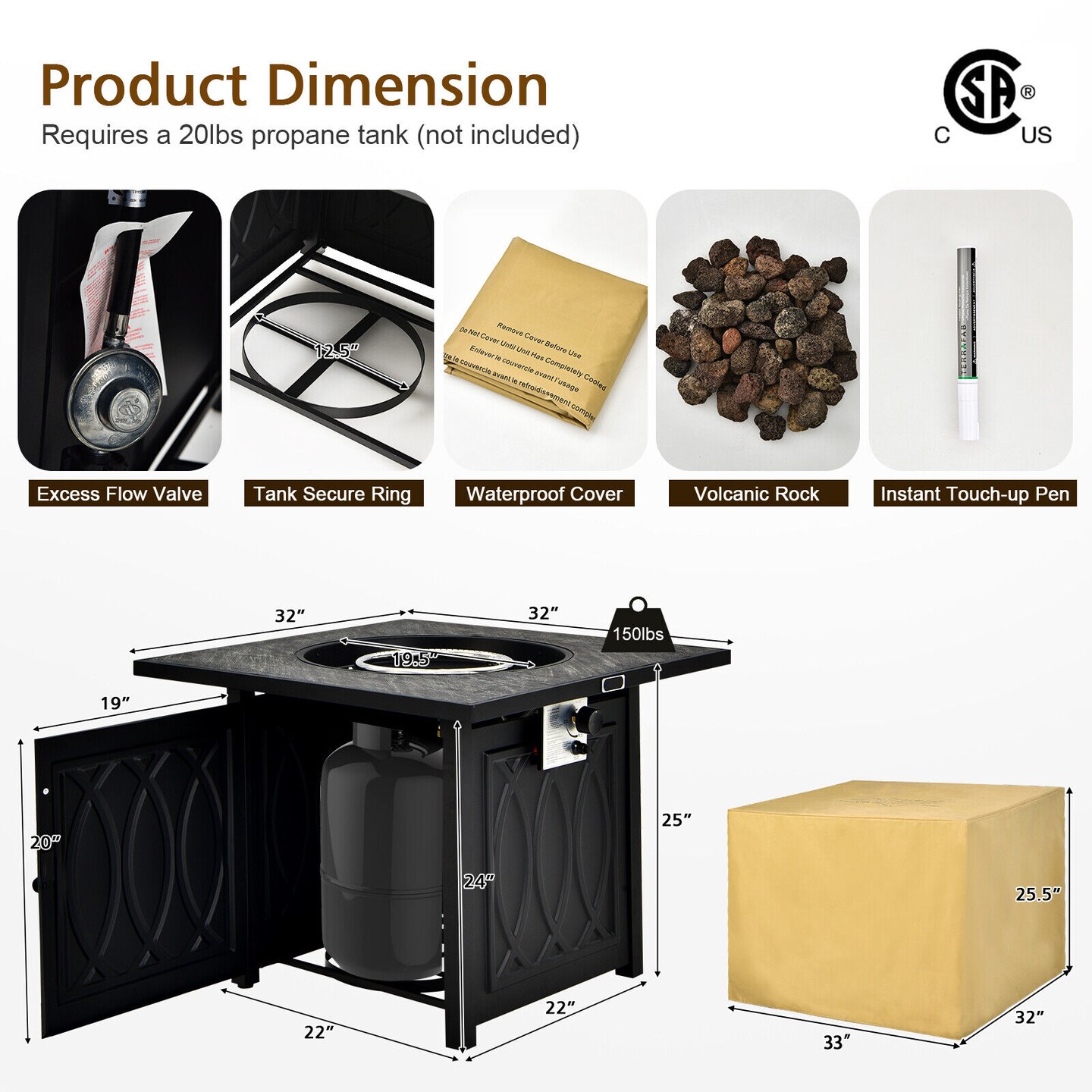 Black Square 32 Inch Gas Fire Pit Table 50,000 BTU with Lava Rocks