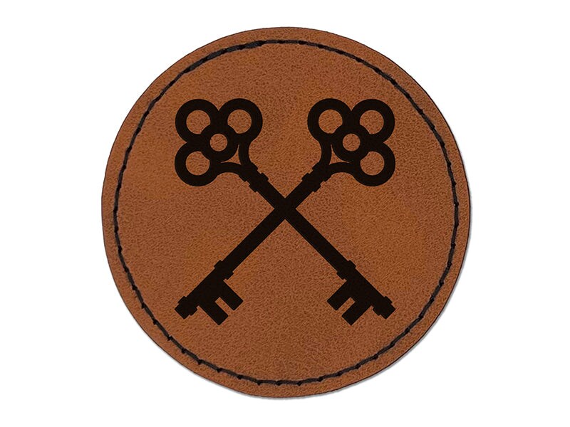 Two Crossed Keys Round Iron-On Engraved Faux Leather Patch Applique - 2.5&#x22;