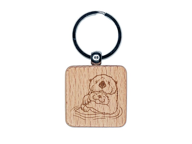 Mom Sea Otter and Baby Mother&#x27;s Day Engraved Wood Square Keychain Tag Charm