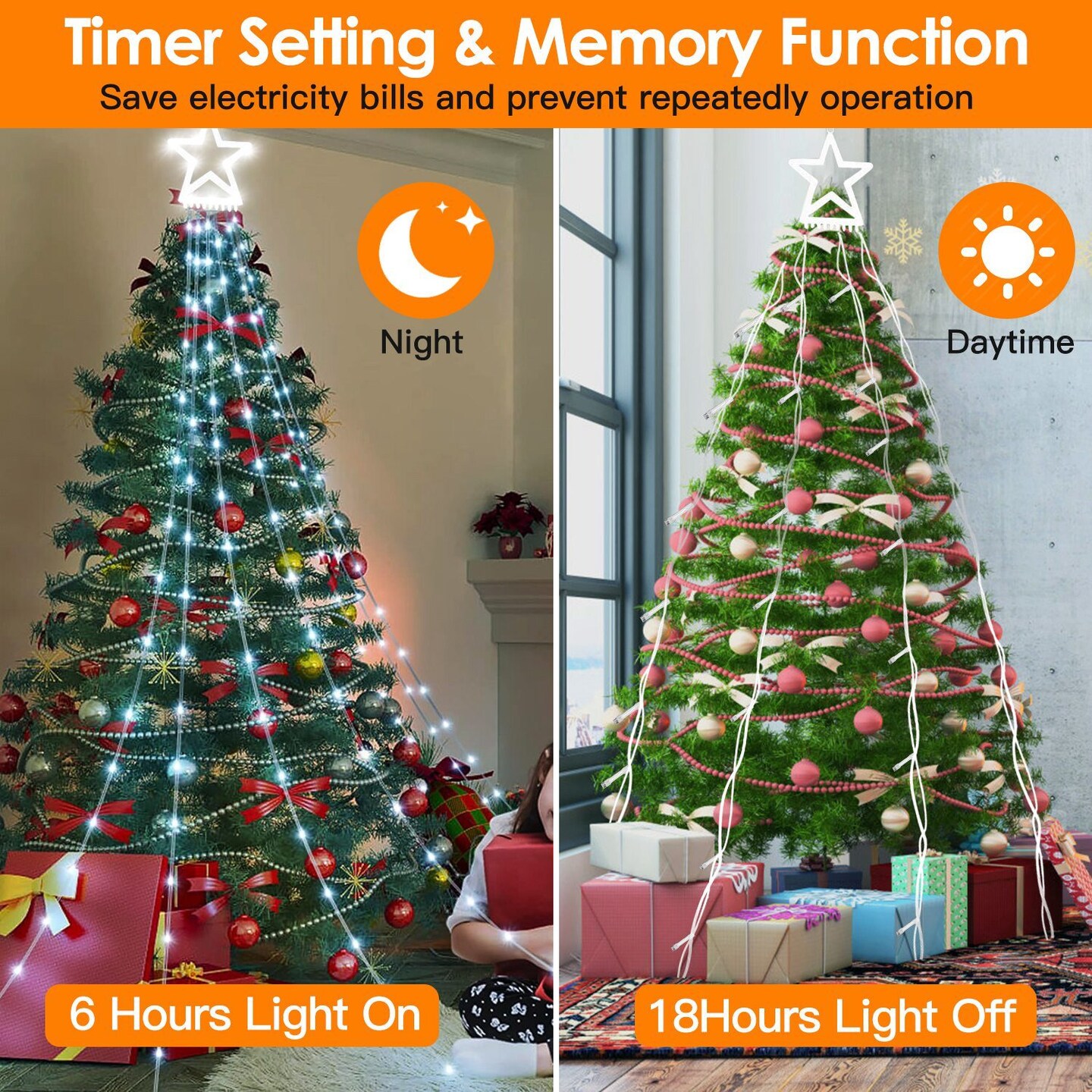 Christmas Hanging Waterfall String Light with Topper Star with 8 Lighting Modes