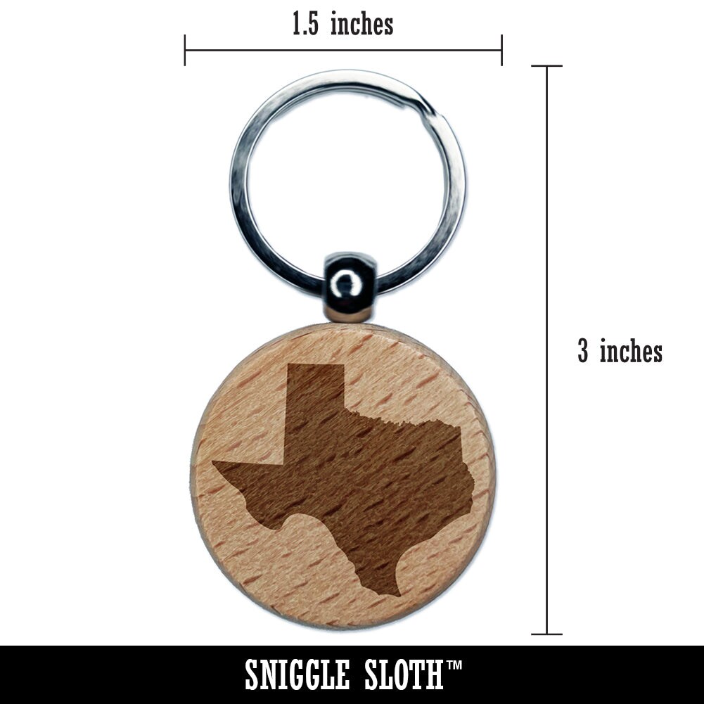 Texas State Silhouette Engraved Wood Round Keychain Tag Charm
