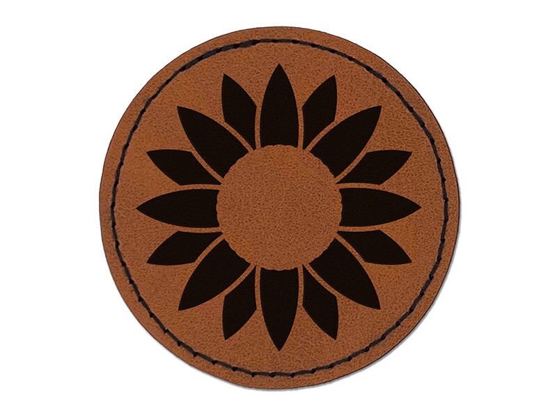 Summer Sunflower Monogram Center Round Iron-On Engraved Faux Leather Patch Applique - 2.5&#x22;
