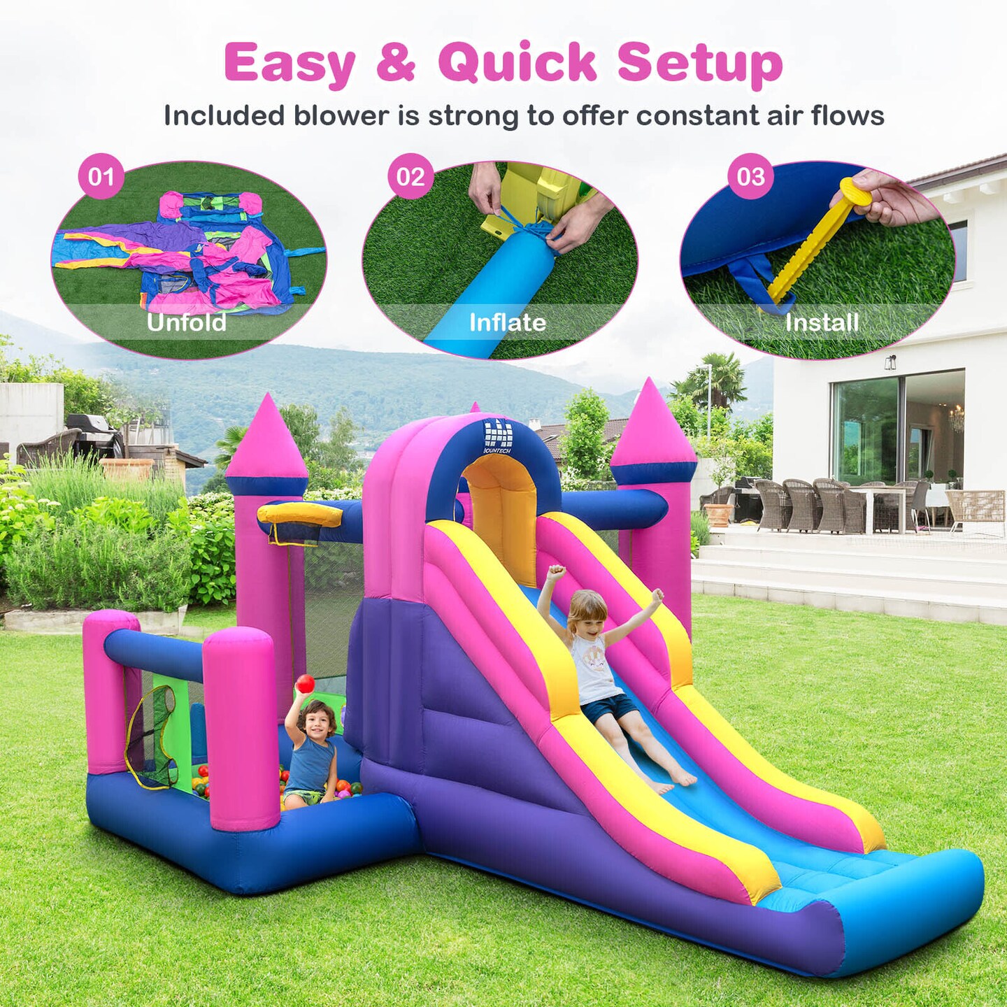 7-in-1 Inflatable Bounce Castle With Slide Ball Pit 2 Kids Multi-Color