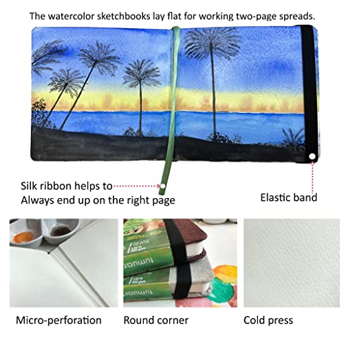 Square Watercolor Journal, 5.5x5.5&#x201D;, 140 LB, 300 GSM, Cotton Paper, Cold Press, 24 Sheets, 48 Pages, Watercolor Paper Sketch Books for Use As Mix Media Pad On The Go