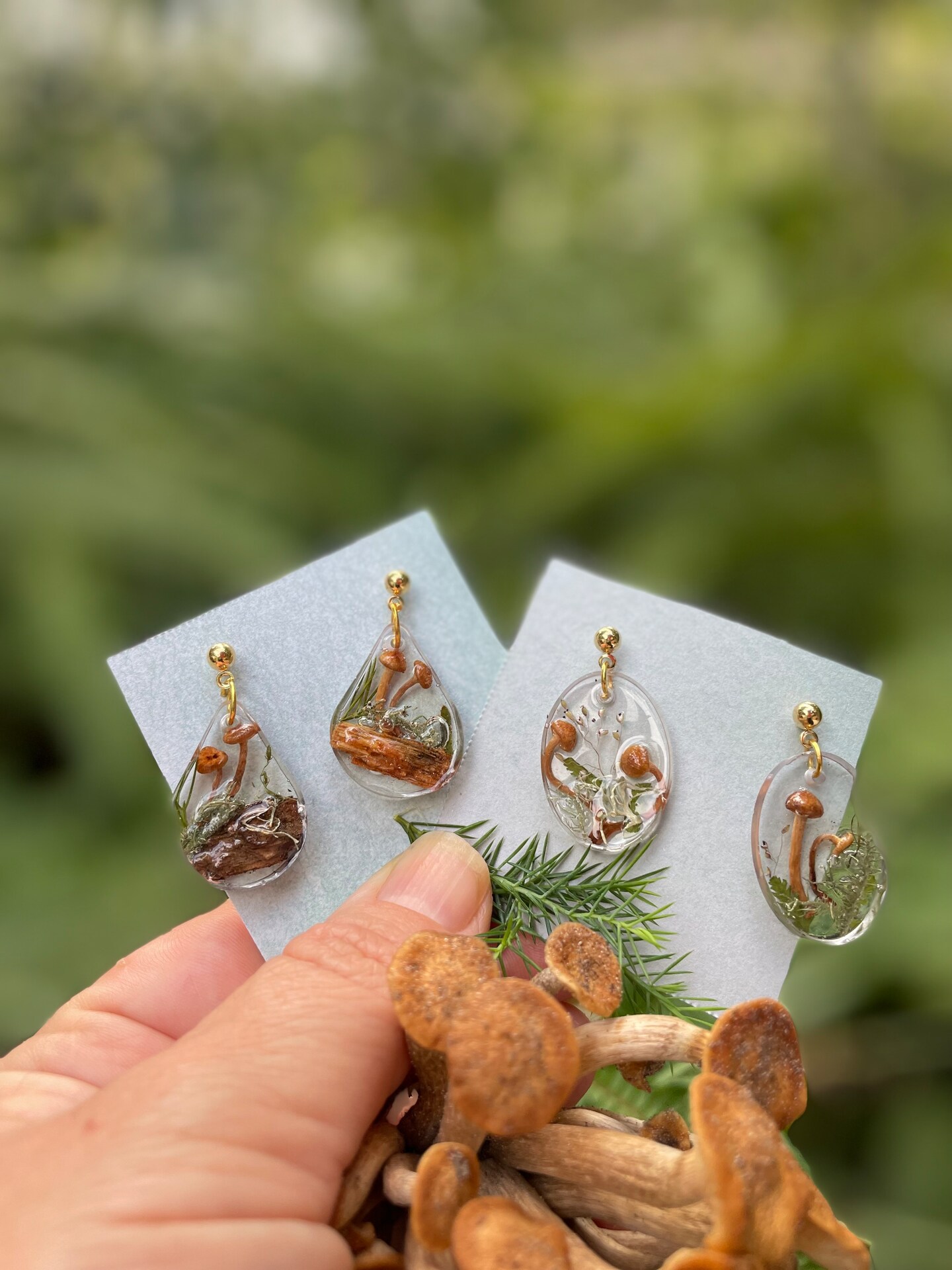 Mushroom terrarium earrings gold Real Mushroom moss resin earrings