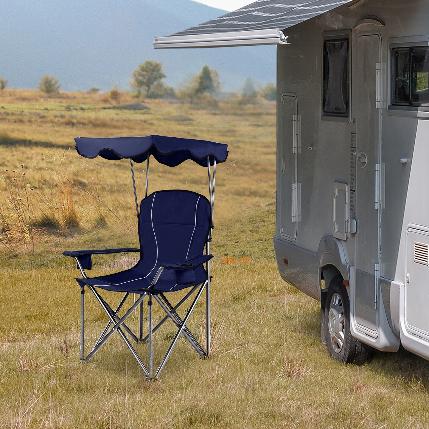 Outdoor Chair with Built In Canopy Sun Shade 600D Fabric Folding Camping Chair with Armrests and Cup Holders