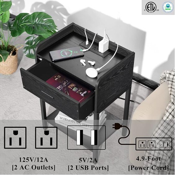 End tables with USB ports and outlets, black nightstand with charging station Small Side Table for Small Spaces, Bedroom, Modern Night Stand with Drawers and Open Shelf
