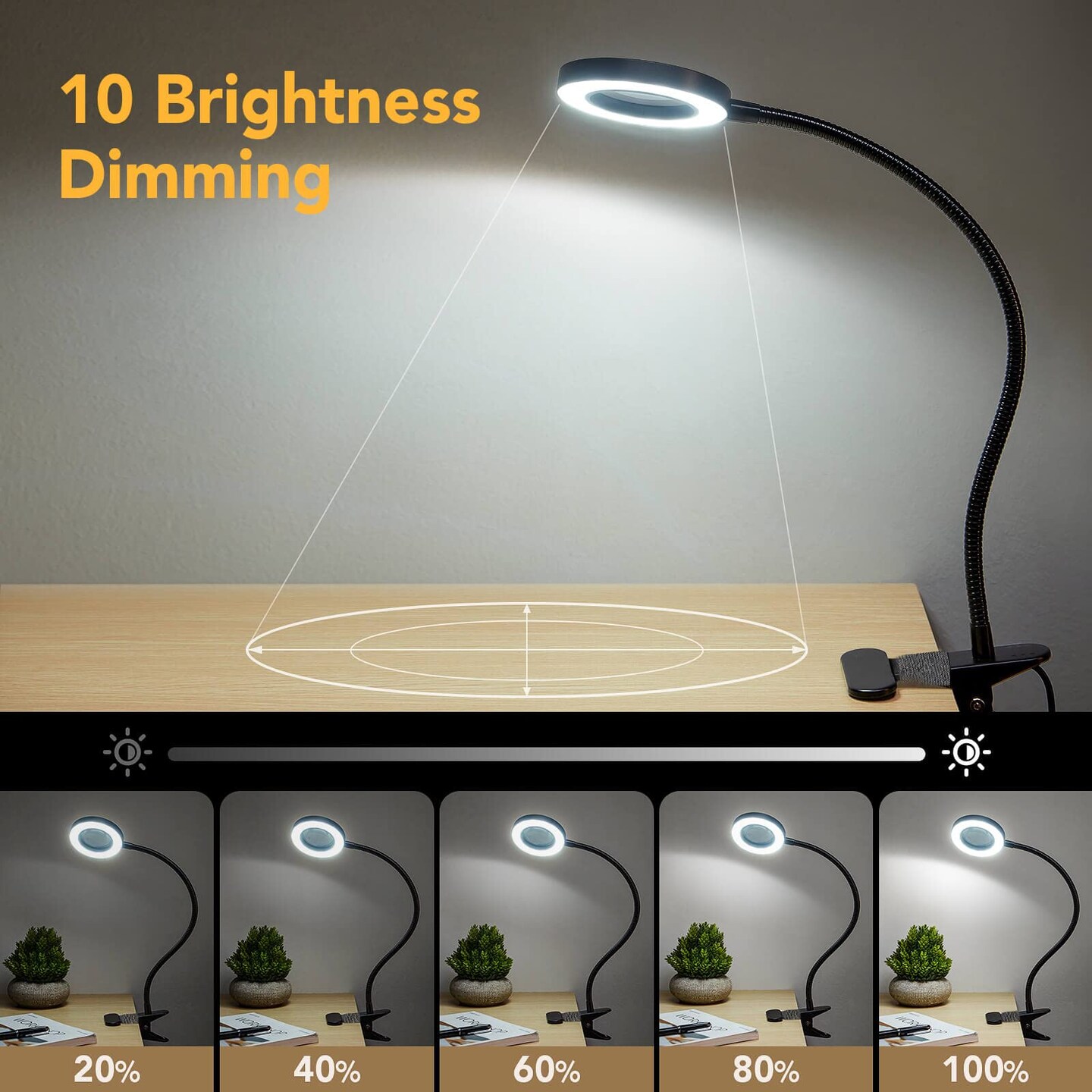 Magnifying Glass with Light 5X, 9w Clip on Light, 48 LED Desk Lamp wtih Clamp Light, 3 Modes Dimmable Magnifying LED Lamps for Bed Work Crafts Workbench