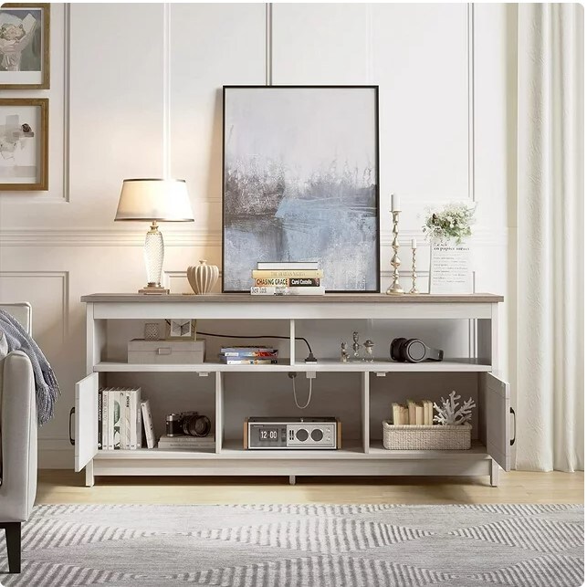 Grey Wash Farmhouse TV Stand up to 65&#x22; with Power Outlet, Media Console with Storage Shelves for Living Room