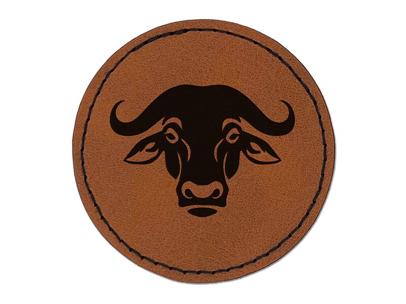 Water Cape Buffalo Bison Ox Round Iron-On Engraved Faux Leather Patch Applique - 2.5&#x22;