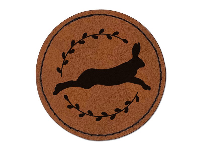 Leaping Jack Rabbit Silhouette Round Iron-On Engraved Faux Leather Patch Applique - 2.5&#x22;