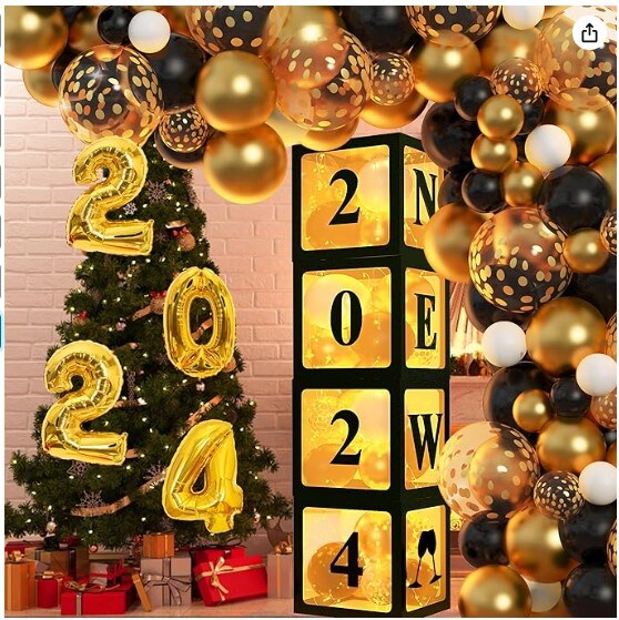 2024 Boxes Black and Gold Balloons Arch Garland Kit 4Pcs 164PCS Happy New  Years Eve Party Decorations