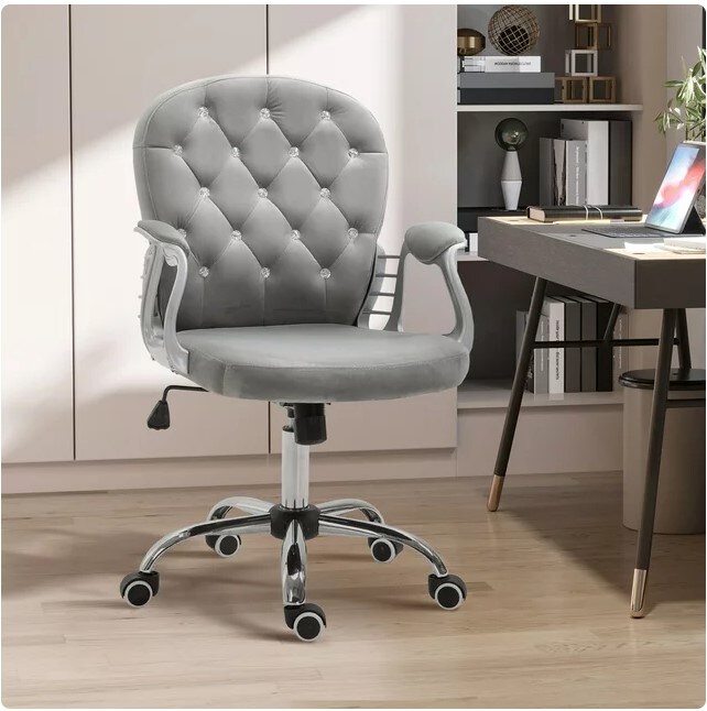 Button Tufted Desk Chair with Padded Armrests, Adjustable Height and Swivel Wheels, Beige Velvet Home Office Chair