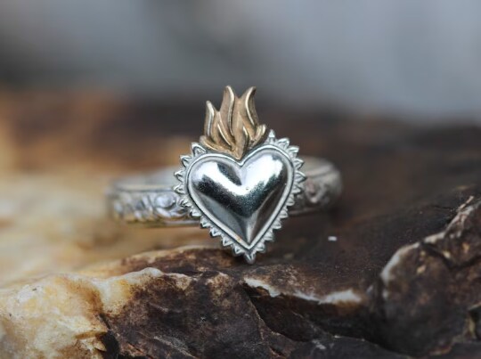 Sacred Heart Ring Solid Sterling Silver Floral Band Flaming