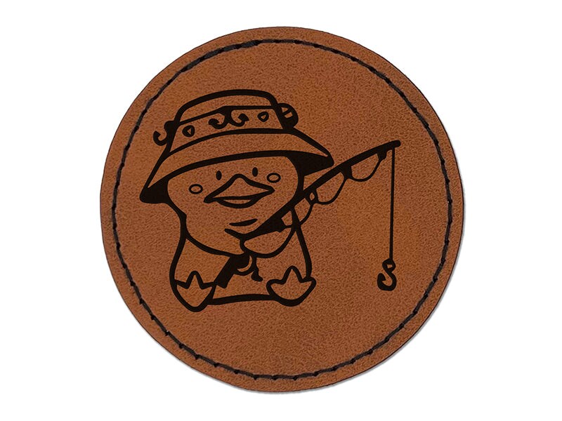 Fishing Duck Rod Bucket Hat Round Iron-On Engraved Faux Leather Patch  Applique - 2.5