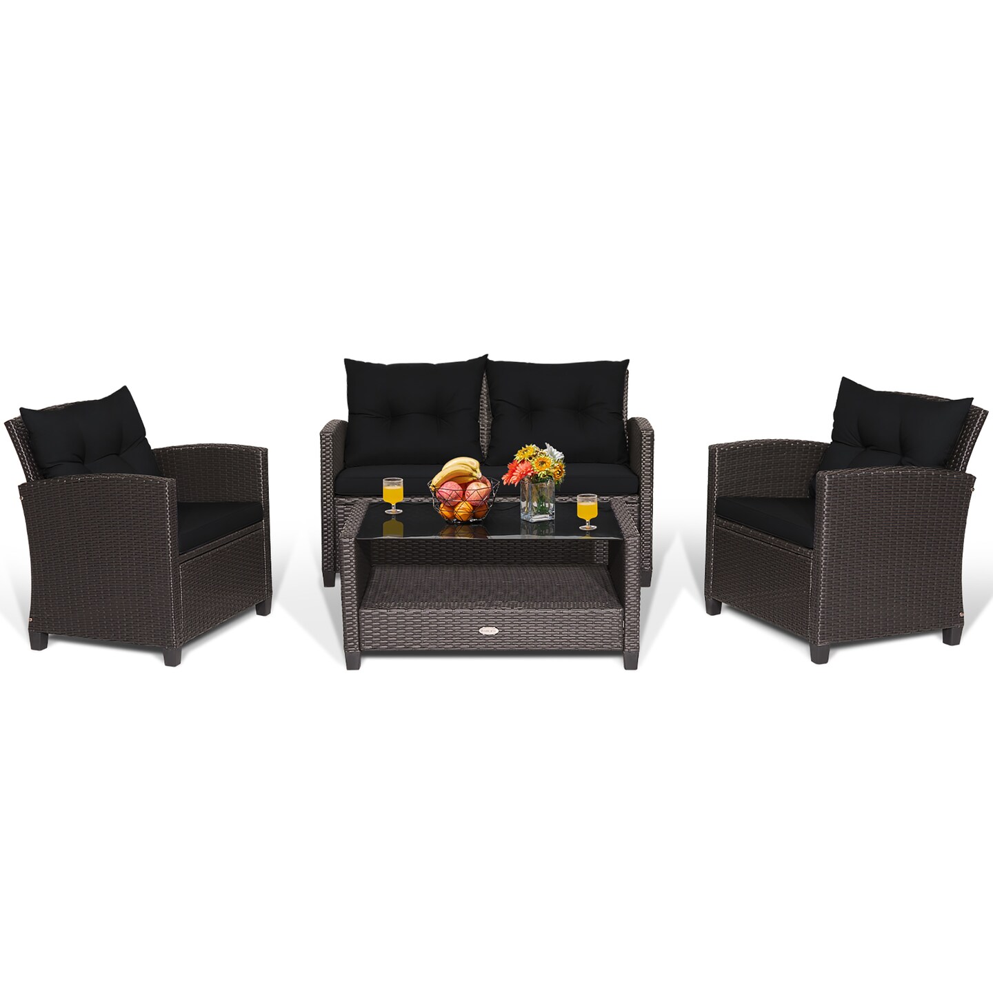 Costway 4 PCS Patio Rattan Furniture Set Glass Table Shelf Sofa Cushion