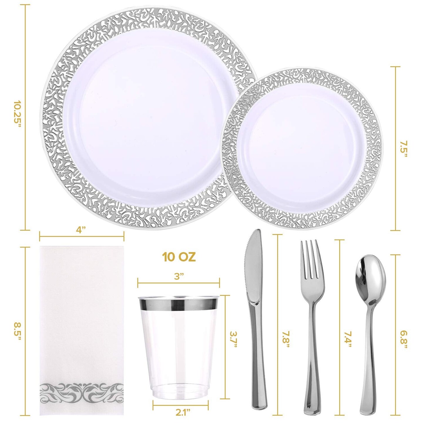 175 Pieces Silver Dinnerware Set 25 Guest-50 Silver Lace Plastic Plates-25 Silver Plastic Silverware-25 Silver Plastic Cups-25 Silver Paper Napkins, FOCUSLINE Disposable Dinnerware Set