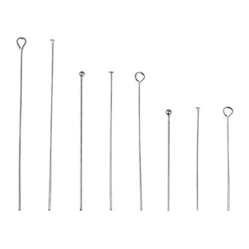 560 pieces 8 Styles 304 Stainless Steel Eye Pins 30mm 40mm 50mm Head Pins Ball 22 Gauge Head Pins Findings Open Eye Pin for Earring Bracelet Pendant Jewelry Making, Stainless Steel Color