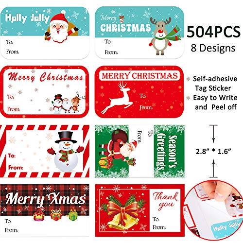 Gift Tag Stickers, Christmas Tags for Gifts 500+ Pcs, Christmas Name Tags - Christmas Stickers, to from Gift Tags Stickers, Gift Sticker Labels Large, 8 Designs Self Adhesive Labels - 2.8&#x201D;1.6&#x201D;