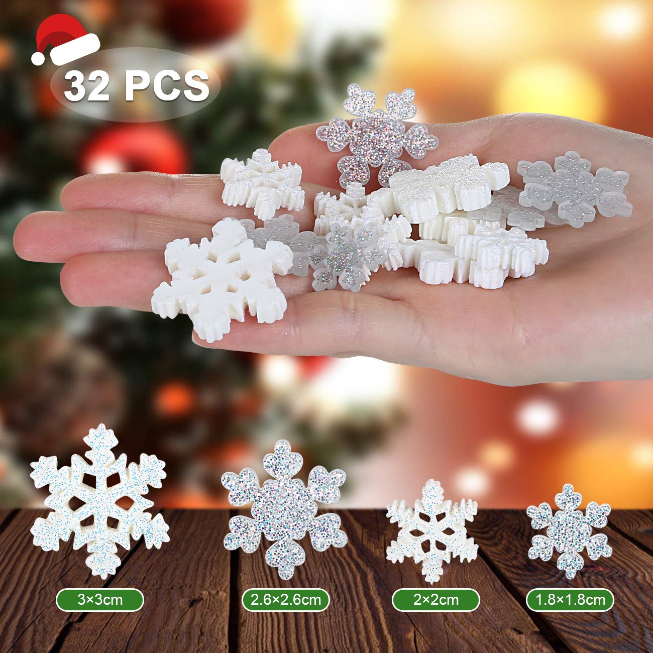 32 Pieces Christmas Snowflake Resin Glitter Charms Flatback Resin Embellishment Ornaments for Scrapbooking, DIY Crafts, Hair Clip, Xmas Decor