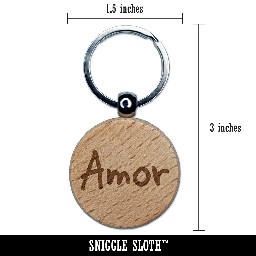 Amor Love Spanish Engraved Wood Round Keychain Tag Charm