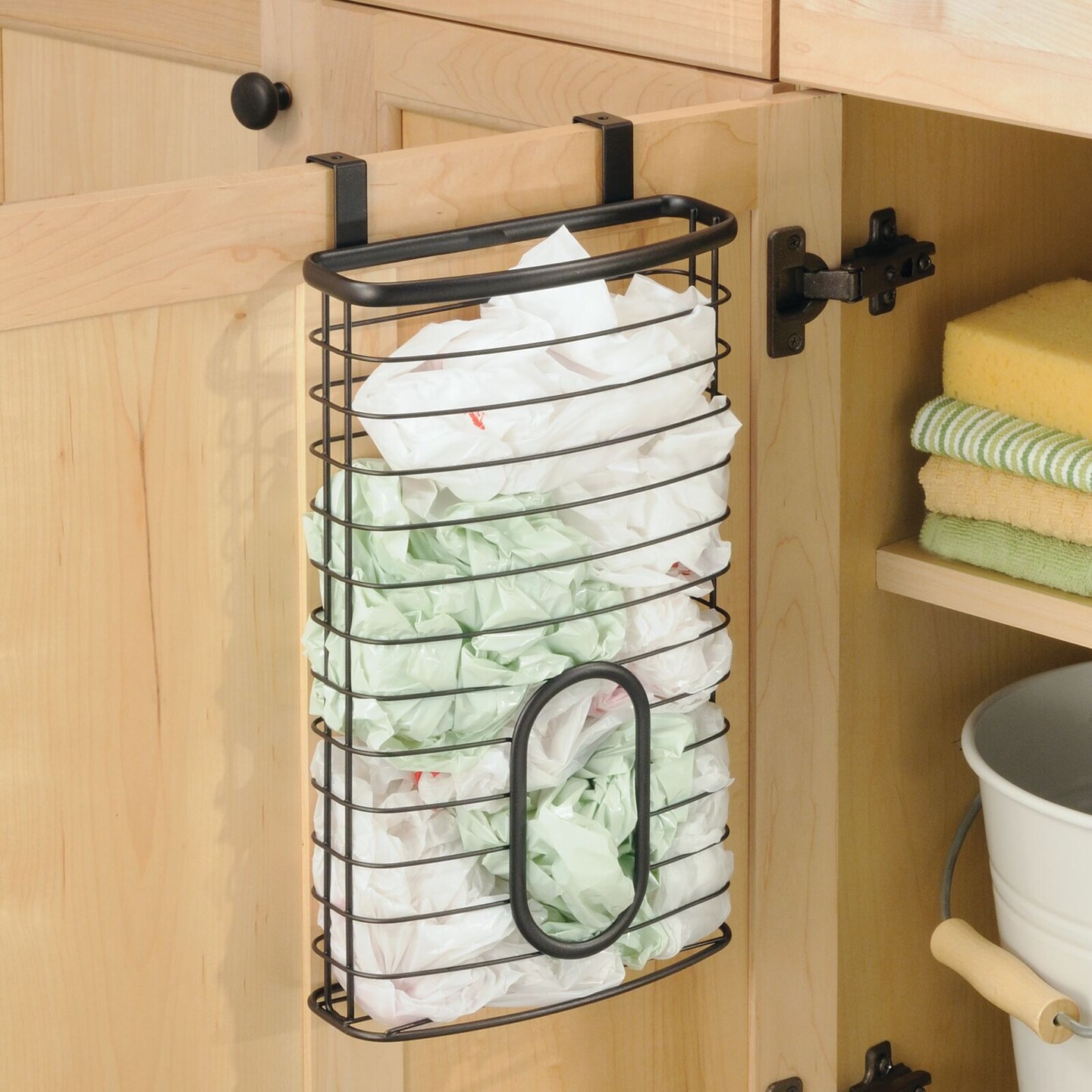 mDesign Metal Over Cabinet Kitchen Storage Basket, Holds 50 Plastic Bags