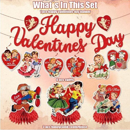 Valentine&#x27;s Day Banner Hanging Swirls Decorations, Vintage Valentine Decorations Valentine Honeycomb Centerpiece Vintage Wedding Anniversary Engagement Valentines Day Party Decorations