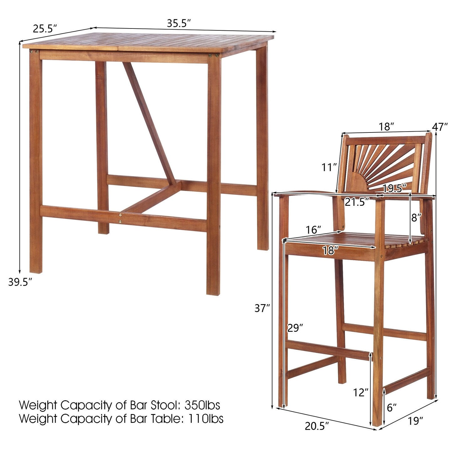 Natural Acacia Wood Patio Bar Set 3-Piece 2 Stools 1 Table Outdoor Indoor