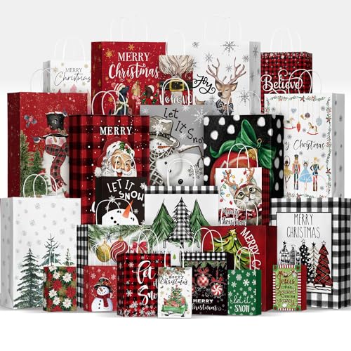 24 Christmas Gift Paper Bags Bulk with handles Wrapping Xmas Holiday Presents(6 Jumbo,6 Large,6 Medium,6 Small)